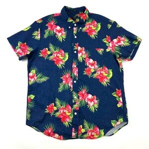JCrew navy tropical cotton linen short sleeve button down mens shirt Large Slim